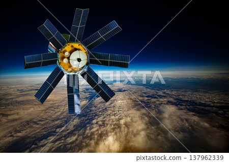 Detailed view of a satellite in space, featuring metallic structure, antennas, and large solar panels, orbiting above Earth's blue atmosphere and orange-tinted cloud layers against the dark void. Detailed view of a satellite in space, featuring metallic structure, antennas, and large solar panels, orbiting above Earth's blue atmosphere and orange-tinted cloud layers against the dark void. 137962339