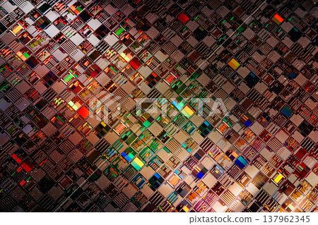 Silicon semiconductor wafer with integrated circuit die mosaic pattern. 137962345