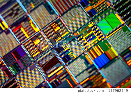 Silicon semiconductor wafer with integrated circuit die mosaic pattern. Silicon semiconductor wafer with integrated circuit die mosaic pattern. 137962349