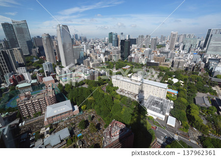 從空中俯瞰東京的城市景觀:摩天大樓、綠地和東京鐵塔的陰影。 從空中俯瞰東京的城市景觀:摩天大樓、綠地和東京鐵塔的陰影。 137962361