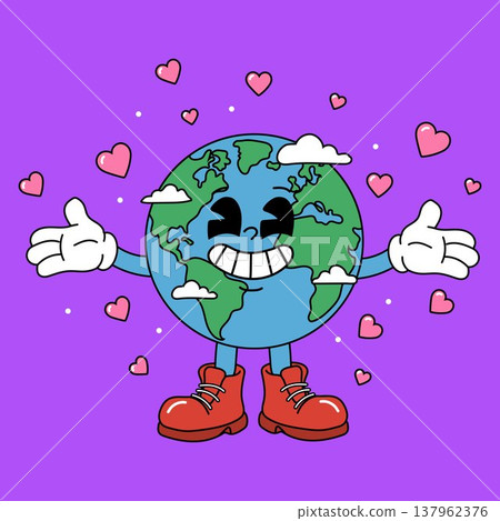 Kawaii Earth Character with Red Boots and Love Hearts 137962376
