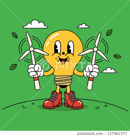 Cute Lightbulb Holding Wind Turbines with Green Energy Vibes 137962377