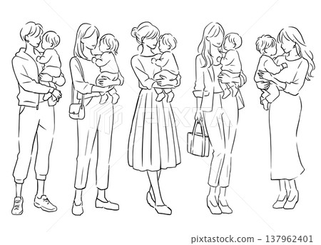 一組簡單的線條插圖,描繪了五位抱著孩子的女性。 一組簡單的線條插圖,描繪了五位抱著孩子的女性。 137962401