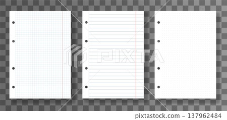 Set of realistic white paper sheets with holes for binder squared, lined and dot grid paper pages isolated on transparent background. Vector paper 137962484