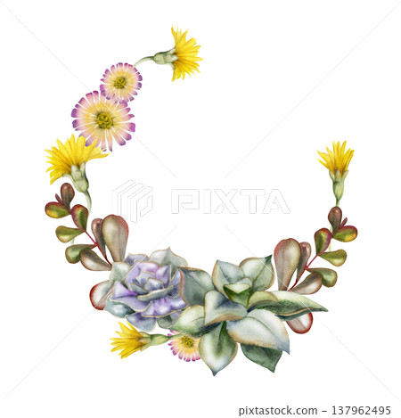 Echeveria rosettes with kalanchoe, sedum leafy branches, flowering succulents. Isolated wreath hand drawn in watercolor. Frame for yoga studio branding, eco lifestyle blogs, minimalist logo design. 137962495