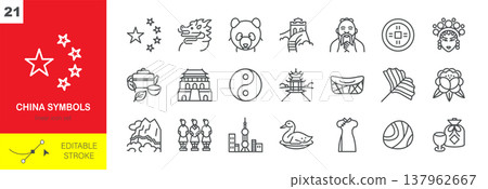 Chinese National Symbols Icon Set, Traditional Culture, Landmarks, and Heritage. Minimalistic Linear Icons of Chinas History, Nature, and Traditions. 137962667