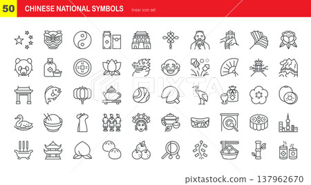 China Symbols Icon Set. Chinese Dragon, Panda, Great Wall, Confucius, Coin, Peking Opera Mask, Tea Ceremony, Pagoda, Yin Yang, Cheongsam and Other National Icons. Minimalistic Linear Symbols China Symbols Icon Set. Chinese Dragon, Panda, Great Wall, Confucius, Coin, Peking Opera Mask, Tea Ceremony, Pagoda, Yin Yang, Cheongsam and Other National Icons. Minimalistic Linear Symbols 137962670