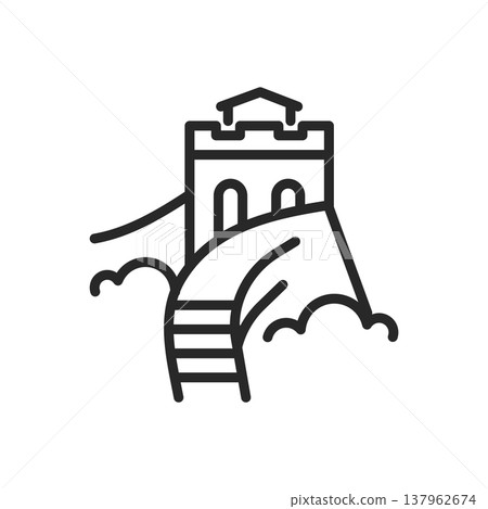 Great Wall of China Icon. Historic Defensive Landmark. Minimalistic Linear Symbol of Chinese Heritage, Fortification, and Tourism. Great Wall of China Icon. Historic Defensive Landmark. Minimalistic Linear Symbol of Chinese Heritage, Fortification, and Tourism. 137962674
