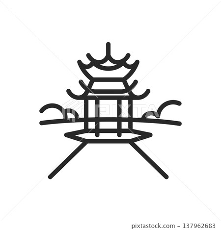 West Lake Icon. Scenic Chinese Pagoda Landscape. Minimalistic Linear Symbol of Nature, Heritage, and Tranquil Travel. 137962683