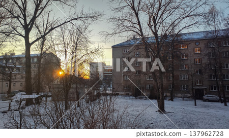 Downtown streets. Winter season and moody city charm. Downtown streets. Winter season and moody city charm. 137962728