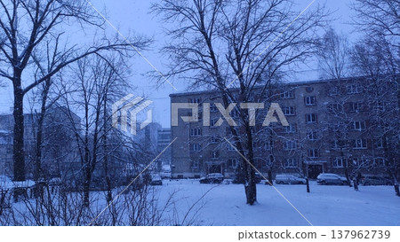 Downtown streets. Winter season and moody city charm. Downtown streets. Winter season and moody city charm. 137962739