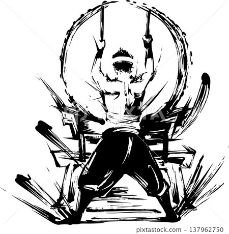 一幅描繪人物擊鼓的水墨畫插圖。 137962750