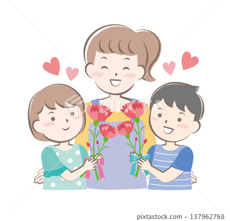 母親節當天,一男一女贈送康乃馨。 母親節當天,一男一女贈送康乃馨。 137962768