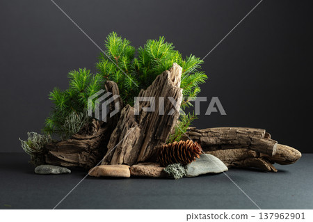 Abstract north nature scene with a composition of spruce branches, stones, and dry snags. Abstract north nature scene with a composition of spruce branches, stones, and dry snags. 137962901