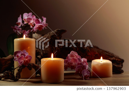 Orchid flowers and burning candles on a background of old wooden snags. 137962903