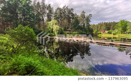 Spring foliage surrounds a reflective pond. Serenity and scenic beauty. Spring foliage surrounds a reflective pond. Serenity and scenic beauty. 137963095
