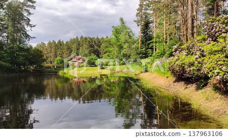 A calm pond sits in the middle of a green spring park. A feeling of balance and quiet relaxation. A calm pond sits in the middle of a green spring park. A feeling of balance and quiet relaxation. 137963106