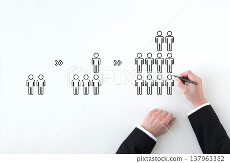 A man in a suit draws a diagram illustrating how to increase the number of people. 137963382