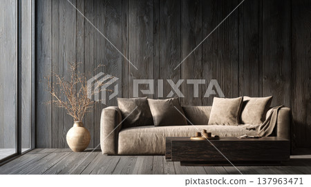 A sophisticated living space featuring charred wood walls, organic textures, and a neutral palette. This aesthetic room captures wabi-sabi elegance, perfect for high-end interior design concepts 137963471