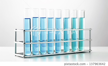 Test tubes with blue liquids arranged in a metal rack on a white background 137963642