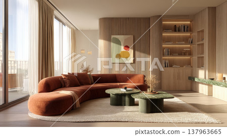 Sophisticated interior featuring a plush velvet sectional, designer marble tables, and built-in lit shelving. A warm, airy atmosphere showcasing elegant textures and contemporary japandi style Sophisticated interior featuring a plush velvet sectional, designer marble tables, and built-in lit shelving. A warm, airy atmosphere showcasing elegant textures and contemporary japandi style 137963665