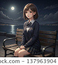 A high school girl sitting on a bench overlooking the sea. 137963904