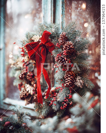 Traditional Rustic Christmas Wreath: Close-up of a Pine Needle Wreath Decorated with Pine Cones, Red Berries, and a Velvet Ribbon on an Antique Window Traditional Rustic Christmas Wreath: Close-up of a Pine Needle Wreath Decorated with Pine Cones, Red Berries, and a Velvet Ribbon on an Antique Window 137964153