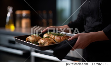 Person taking roasted chicken with herbs from oven on baking tray home kitchen cooking scene 137964169