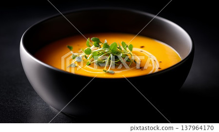 Creamy pumpkin soup in bowl with microgreens garnish elegant serving presentation 137964170