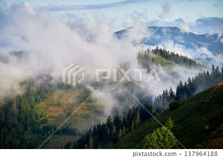 Picturesque scene of mountain valley blanketed in mist, with patches of green pastures and scattered houses. Clouds drift gently over forested hills, creating serene and tranquil atmosphere. 137964188