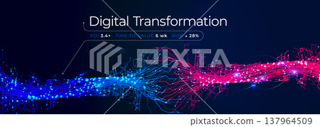 Neural Network Synapse Connect, Ai 3D Data Transform Background. Science Research, Technology and Analysis, Blue Pink Wave Lines Data Stream. Neuro Biotech Graphic Design Concept. Vector Illustration 137964509