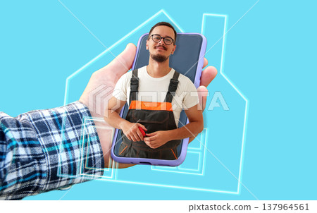 Online home repair and handyman service concept. Hand holding a smartphone with a professional repairman on the screen. Digital maintenance and house renovation app concept Online home repair and handyman service concept. Hand holding a smartphone with a professional repairman on the screen. Digital maintenance and house renovation app concept 137964561