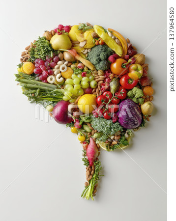 Creative Human Brain Shaped Entirely from Fresh Fruits, Vegetables, and Nuts: A Colorful Concept Representing Healthy Eating, Superfoods, Nutrition, and Cognitive Health Boost 137964580