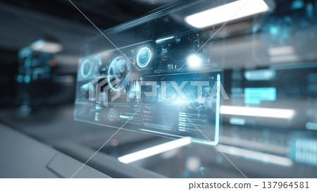 Futuristic Holographic Head-Up Display HUD Interface: Abstract Data Visualization with Graphs, Charts, and Binary Code on a Transparent Screen in a Modern Control Room Environment 137964581