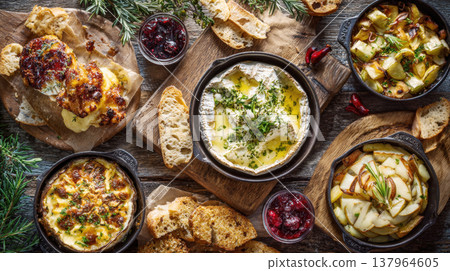 Luxurious Overhead View of Multiple Baked Camembert Cheese Dishes: Gourmet Appetizer Platter with Cranberry Sauce, Toasted Baguette Slices, Rosemary, and Roasted Potatoes on Rustic Wood 137964605