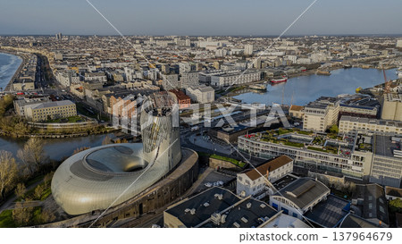 FRANCE, GIRONDE, BORDEAUX, AERIAL VIEW OF THE CITE DU VIN DESIGNED BY THE ARCHITECTS OF THE XTU 137964679