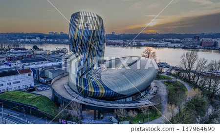 FRANCE, GIRONDE, BORDEAUX, AERIAL VIEW OF THE CITE DU VIN DESIGNED BY THE ARCHITECTS OF THE XTU 137964690