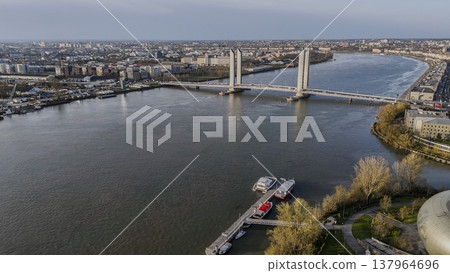 FRANCE, GIRONDE, BORDEAUX, AERIAL VIEW OF THE CHABAN-DELMAS LIFT BRIDGE OVER THE GARONNE RIVER IN 137964696