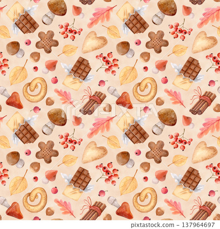 Autumn watercolor sweets seamless pattern with cookies, chocolate, mushrooms and leaves. Cozy fall dessert background for textile Autumn watercolor sweets seamless pattern with cookies, chocolate, mushrooms and leaves. Cozy fall dessert background for textile 137964697