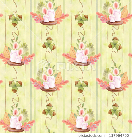 Cozy autumn watercolor candle seamless pattern with vertical stripes. Hygge fall design for textile, wallpaper, wrapping paper 137964700