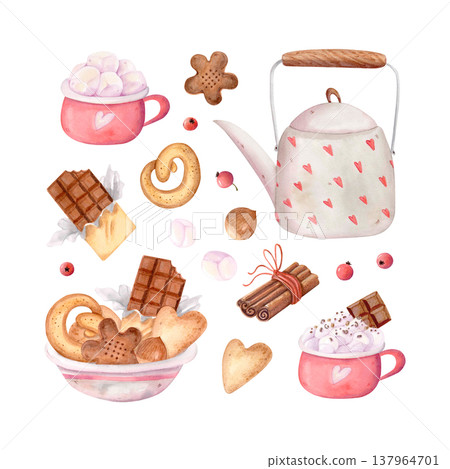 Cozy watercolor food clipart set with teapot, cocoa, cookies, chocolate and sweets. Hygge dessert elements isolated illustration Cozy watercolor food clipart set with teapot, cocoa, cookies, chocolate and sweets. Hygge dessert elements isolated illustration 137964701