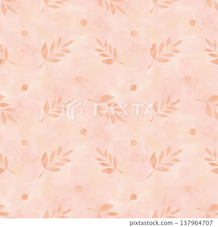Soft peach watercolor botanical seamless pattern with delicate leaves and berries. Gentle pastel background for fabric, stationery 137964707