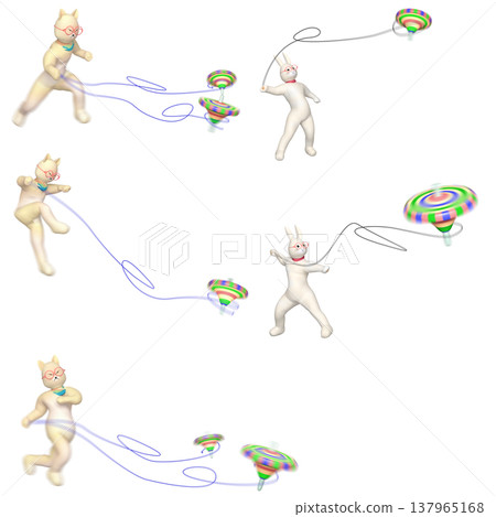 擬人化的貓和兔子表演雜技般的旋轉陀螺特技（5組用於合成） 137965168