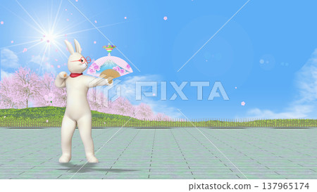 公園裡，一隻人形兔子正在轉動陀螺（背景素材，可添加文字）。 137965174
