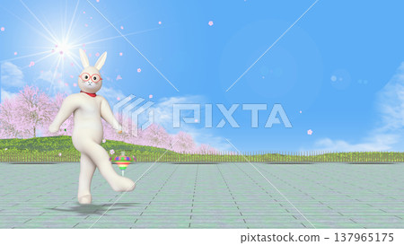 公園裡，一隻人形兔子正在轉動陀螺（背景素材，可添加文字）。 137965175