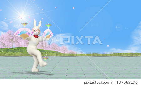 公園裡，一隻人形兔子正在轉動陀螺（背景素材，可添加文字）。 137965176