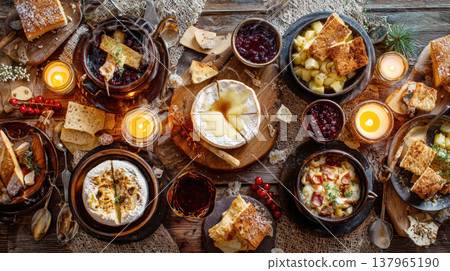 Rustic Christmas Feast Overhead View: Cozy Holiday Table Spread with Baked Brie, Cranberry Sauce, and Savory Dishes 137965190