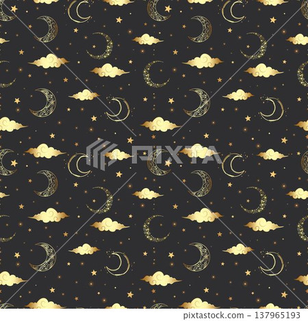 Golden Moon Clouds Stars Seamless Pattern 137965193