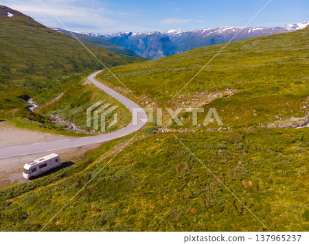 Camper car in norwegian mountains 137965237