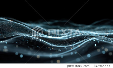 Abstract Digital Landscape of Data Waves: Glowing Blue and Gold Particles Forming Wavy, Textured Lines Over a Dark, High-Tech Background 137965333